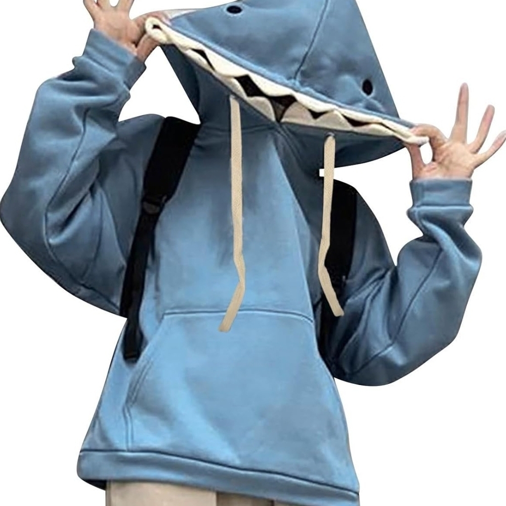 Blue Shark Hoodie with Drawstring Girl's Cute Shark Hoodies Causal Long Sleeve